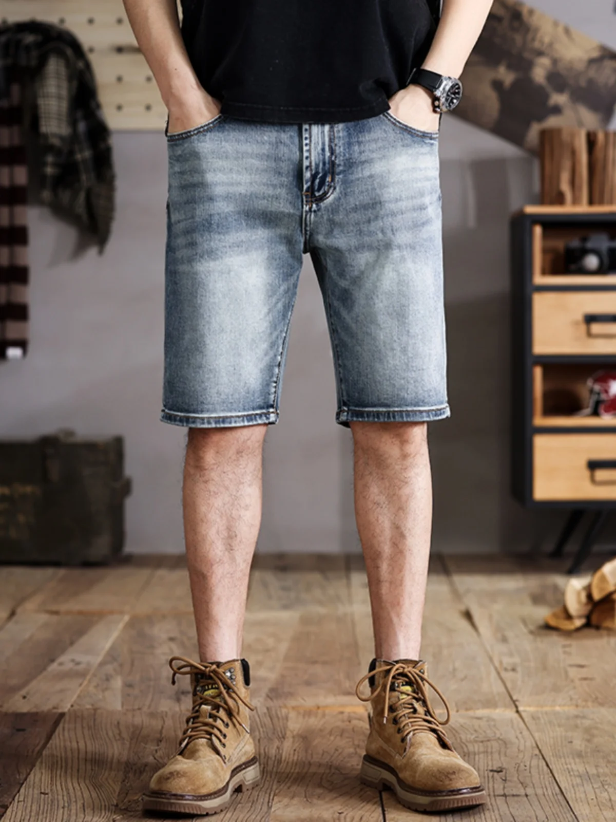 

High-End Men's Loose Straight Leg Jeans orts Five-ket Mid-Waist Cotton Stretch Fabric Summer Casual Wear Resistant