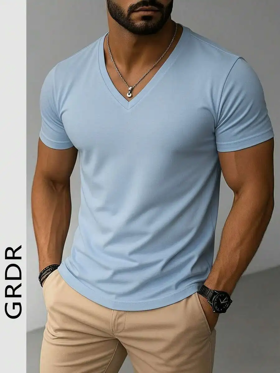 

Mens V-Neck Short Sleeve Casual T-Shirt Solid Color Summer Wear