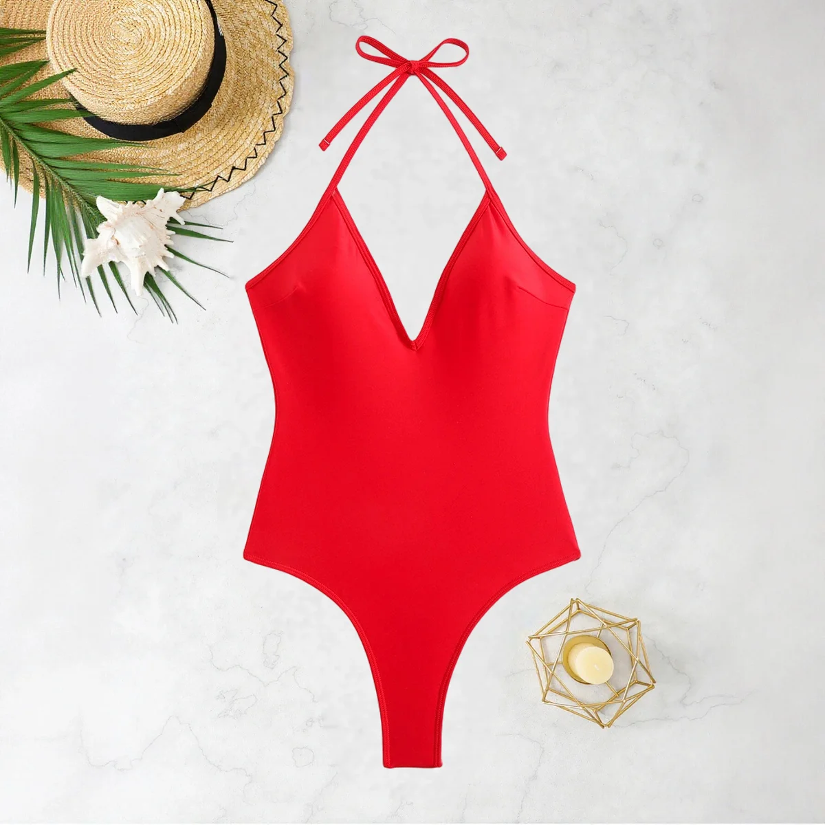 赤いセクシーなホルターネックVネックワンピース水着、ギャザー入りバックハイカット水着、ボディスーツビーチウェア、2025年夏休み
