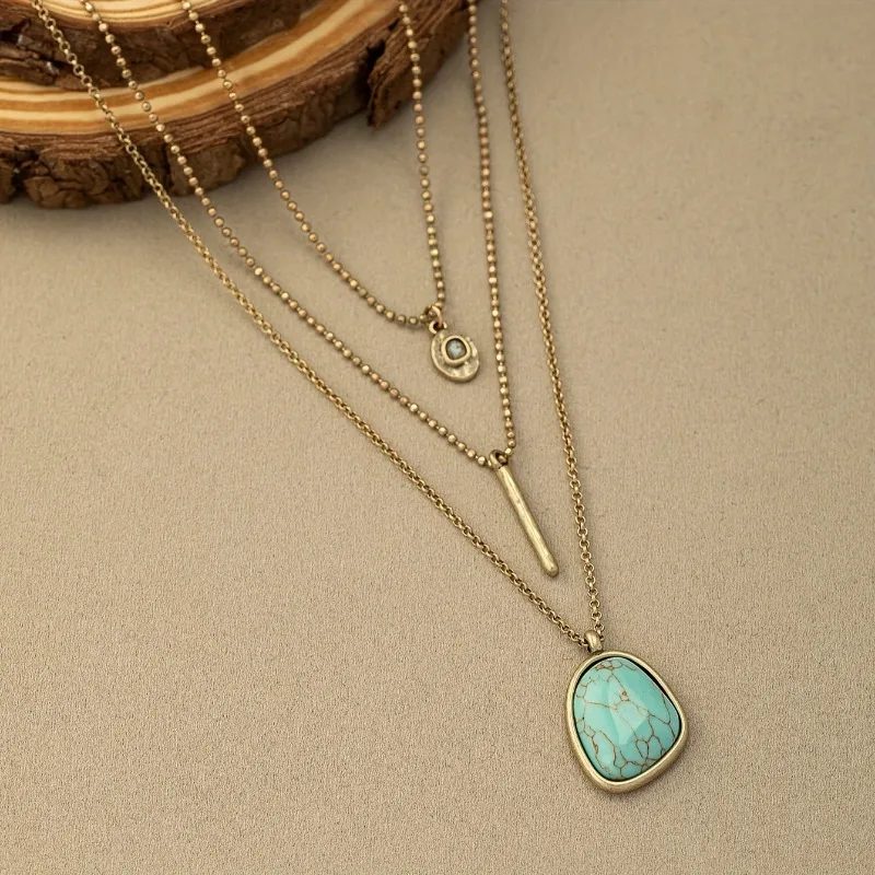 Luxury 3 Pcs Faux Turquoise Pendant Trinity Necklace Women's Personalized Charm Multi-Layered Collarbone Chain Bohemian Jewelry