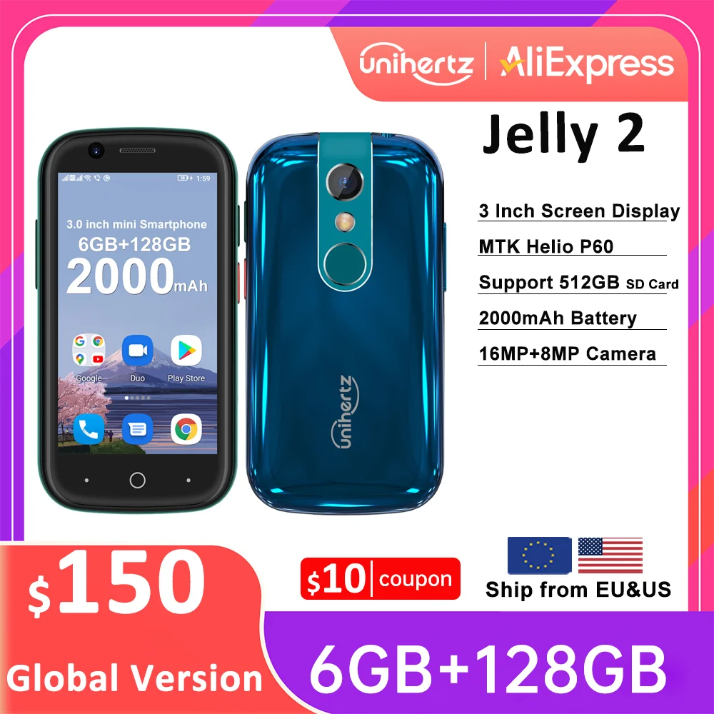 Unihertz Jelly 2 Nhỏ Điện Thoại Thông Minh Helio P60 Octa Core Android 11 6GB 128GB 16MP ĐTDĐ Pin 2000MAh dual SIM