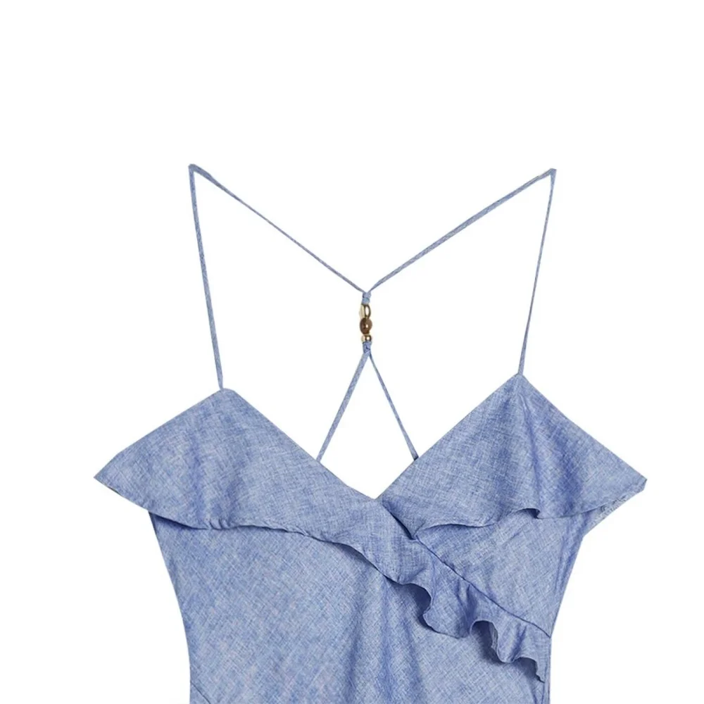 ZA feminino verão novo estilo de moda azul linho misturado em camadas vestido de alça decorativa