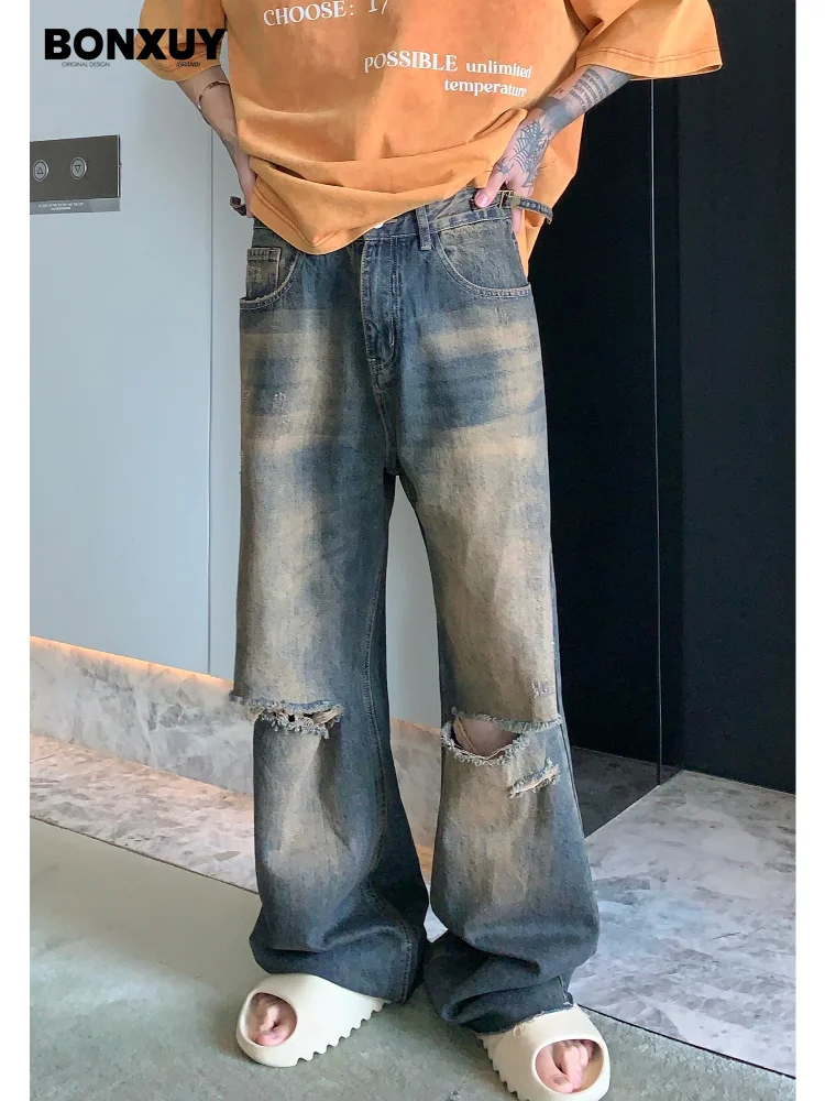 

BONXUY Niche design ripped jeans men's straight loose and versatile long pants retro slimming wide leg pants