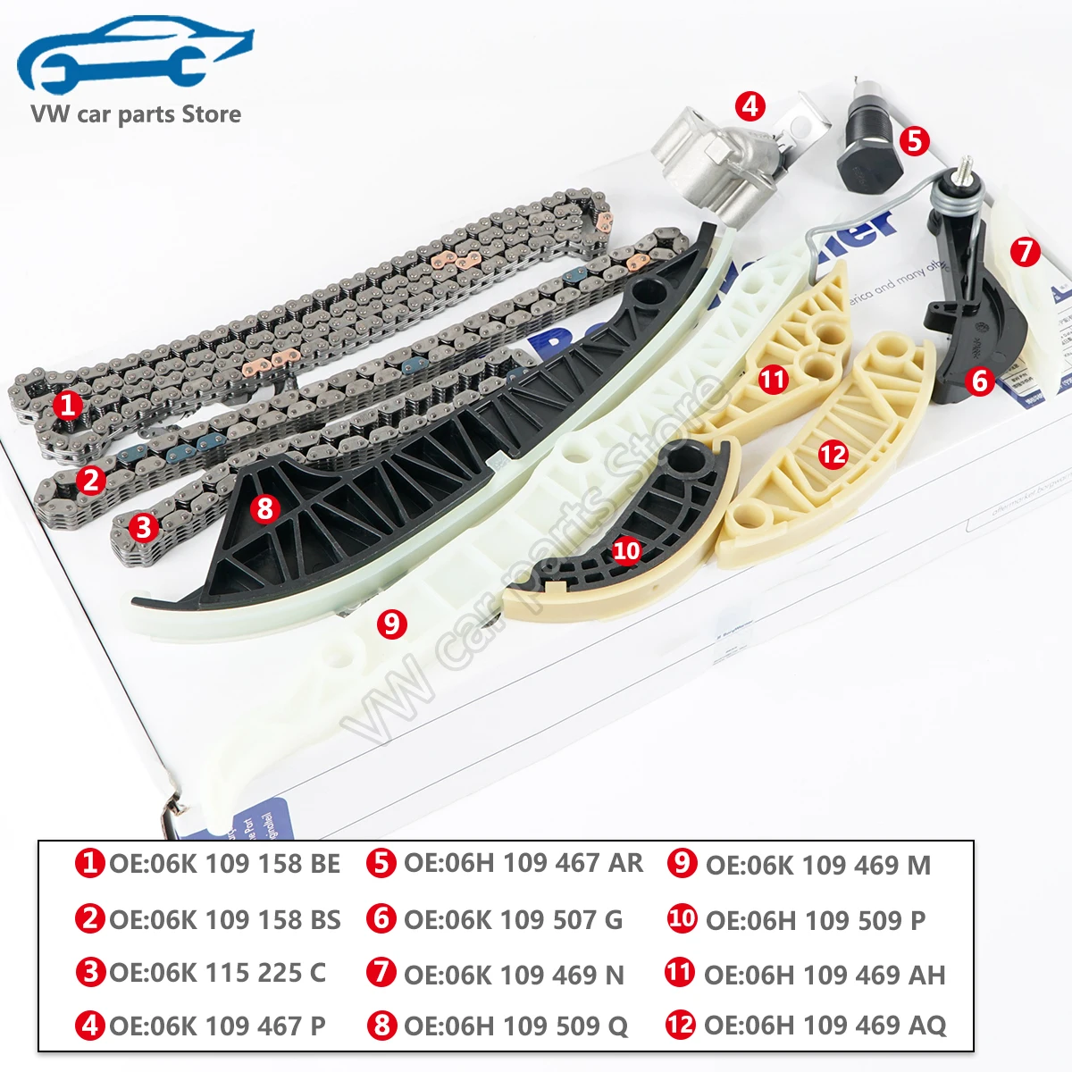 Timing Chain Kit (12 PCS) for AU-DI A3 A4 A5 A6 Q5 TT Allroad/ Beetle EOS GTI Jetta Passat Tiguan CC Golf 1.8 2.0 TSI06H105209A