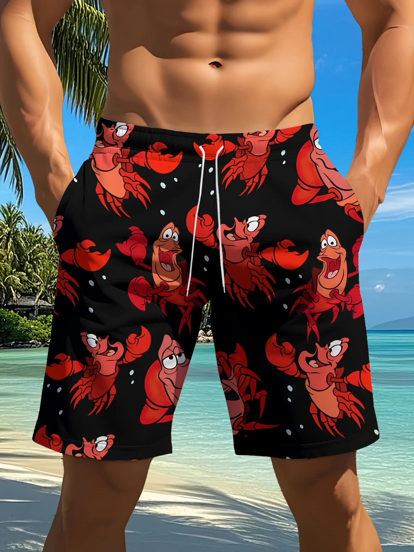 

Плавки с принтом красного краба и графикой | Регулируемый шнурок, повседневные пляжные шорты для летних каникул, шорты с игривым рисунком