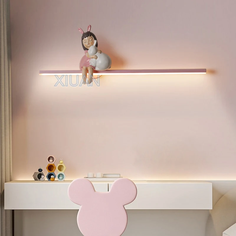 60cm 80cm 100cm Long Children's Room Wall Lamp Rechargeable Battery Light Pink White Girl Rabbit Wall Light For Bedroom Decor