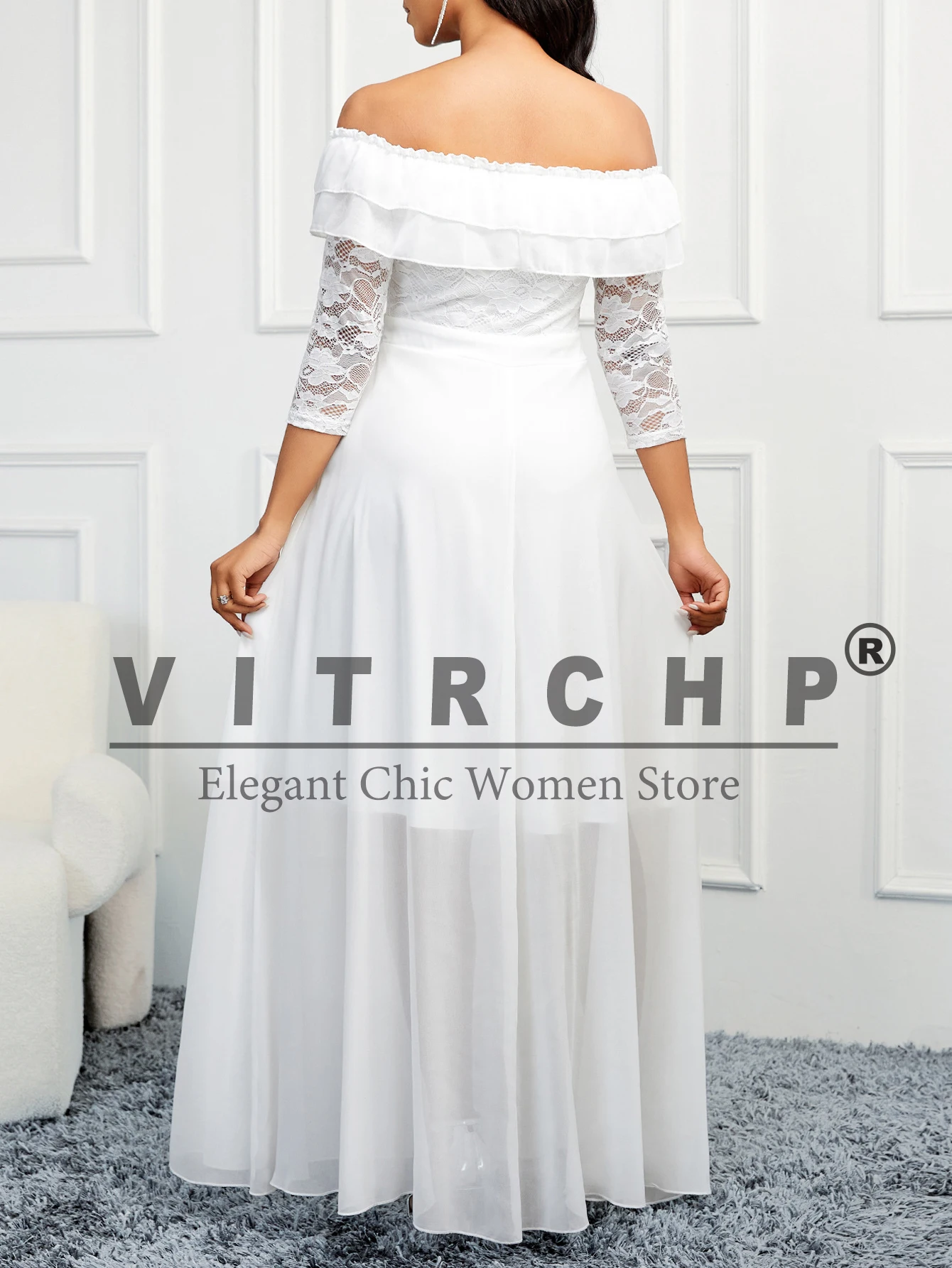 VITRCHP Fancy Elegant White Off Shoulder Wedding Dress Long Sleeve Lace Flower Prom Gown Tea Length Formal Occasion Dresses