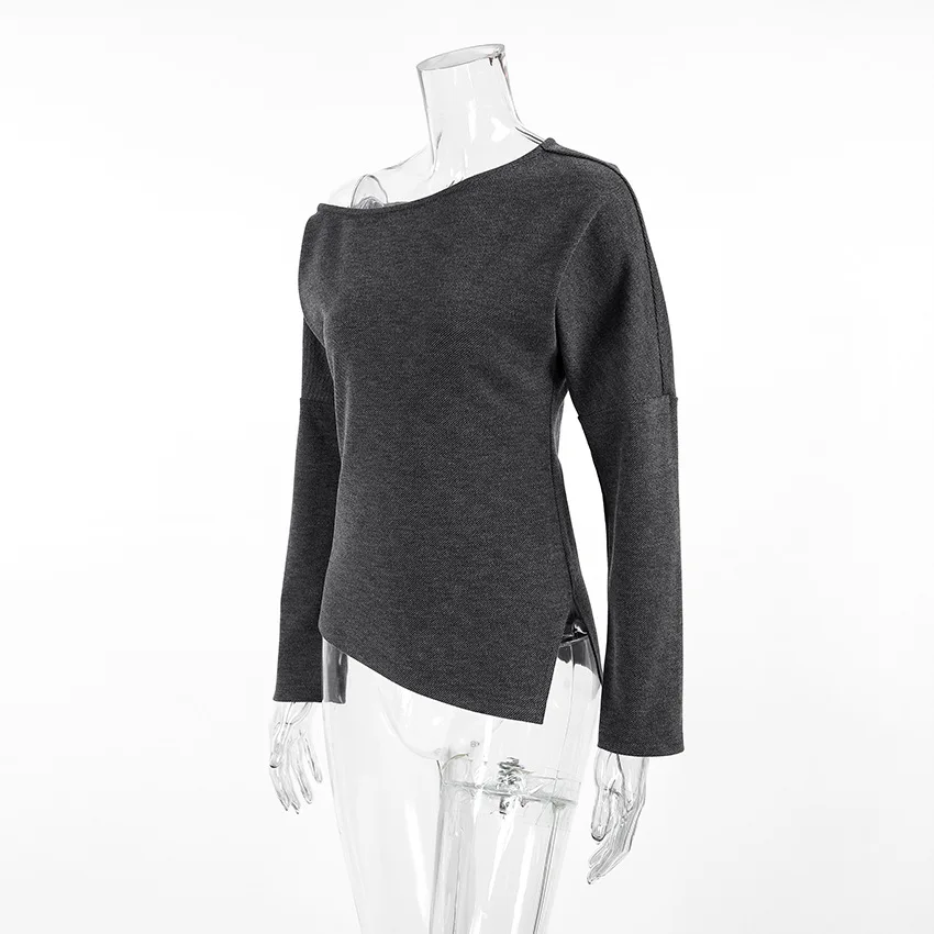 JHJN 캐주얼 여성 티셔츠 오프 숄더 우아한 블라우스 풀 슬리브 불규칙한 밑단 티셔츠 스플릿 세련된 오피스 레이디 풀오버 Y2k 탑스