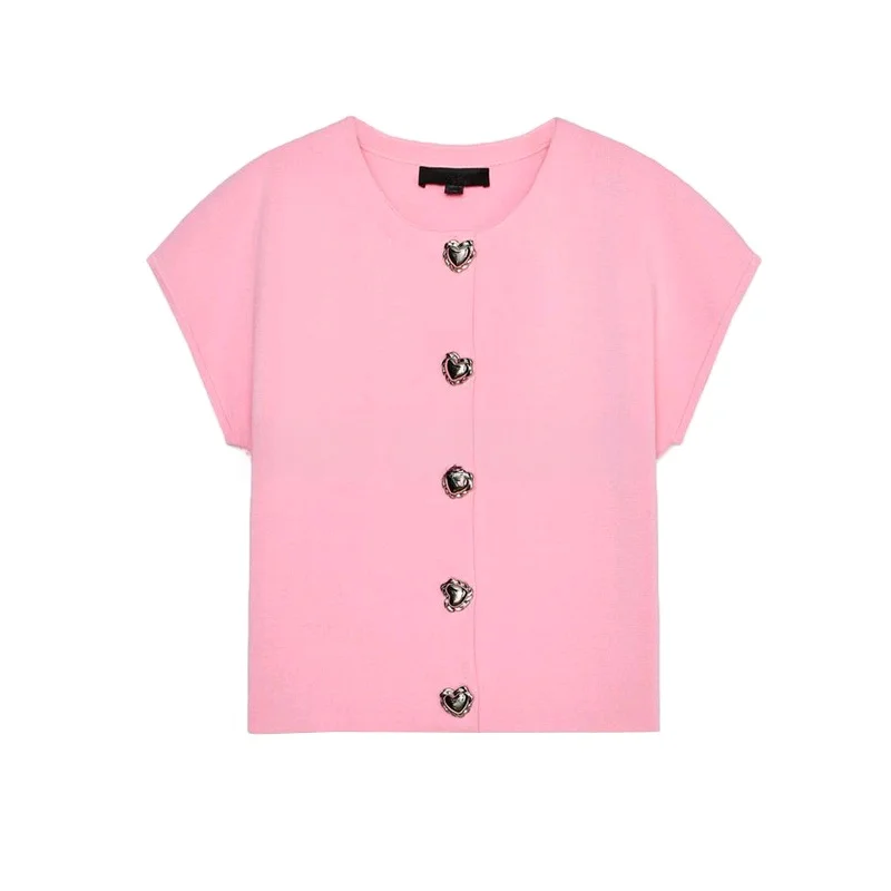 

Женский трикотаж Sweet Sle ort Sve round Ne Top Heart aped Button, летнее новое поступление, полиэфирное волокно, прямой крой, C...