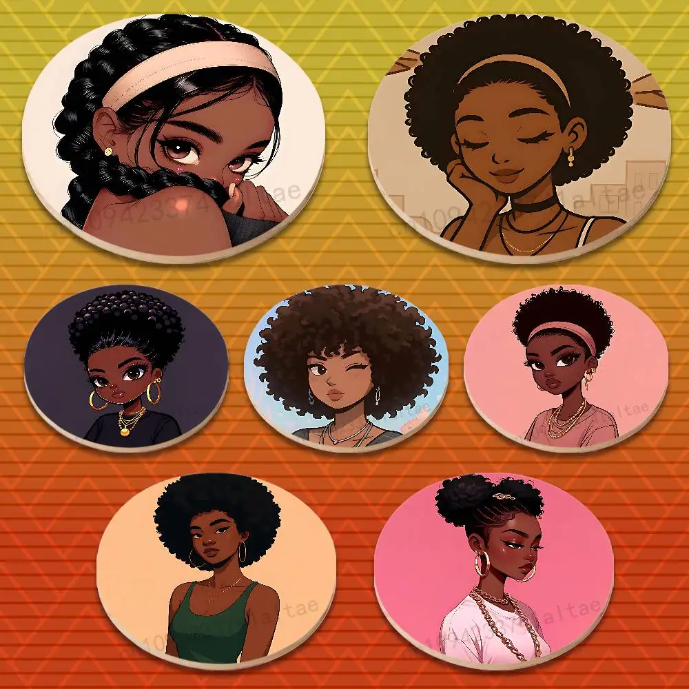 

Cartoon Art Afro Black Girls Round Wooden Coasters Suitable for Drinks Tea,Coffee for anti-slip decoration in bars and cafes