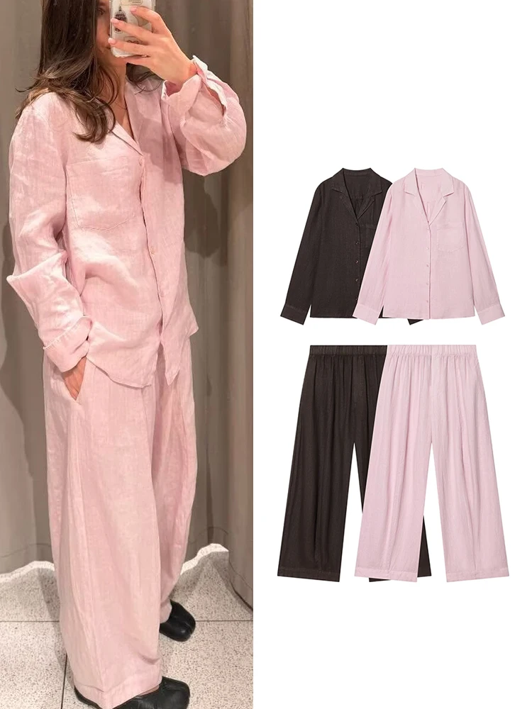 

TFMLN 2026 New Women's Pant Suit Solid Color Turn Down Collar Pocket Shirt High Waist Wide Leg Pants Elegant Two Piece Sets