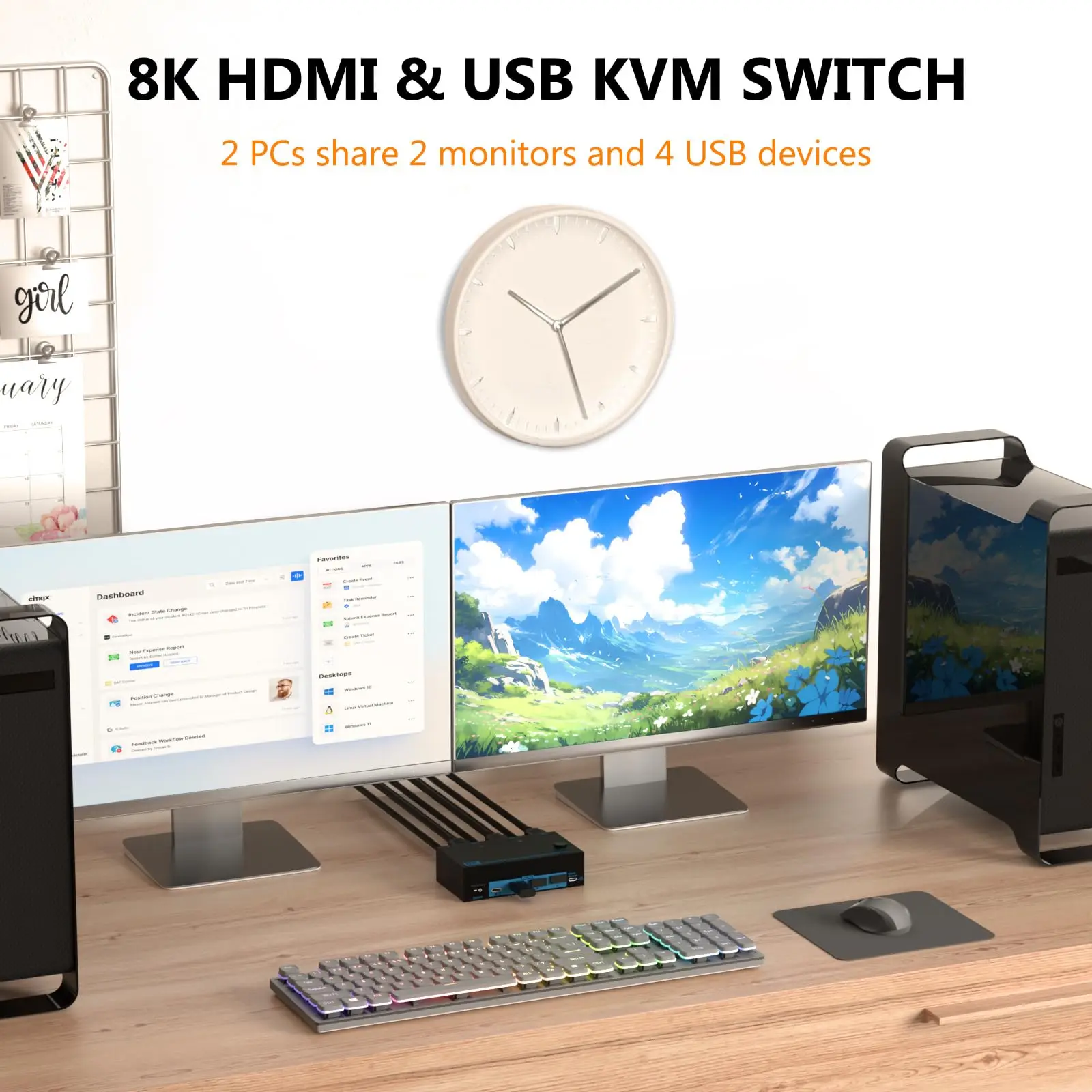 HDMI KVMスイッチ,2台のモニター,2台のコンピューター,4k @ 144hz,USB 3.0,デュアルモニター,2台のコンピューター共有,4つのUSBハブ,キーボードとマウス