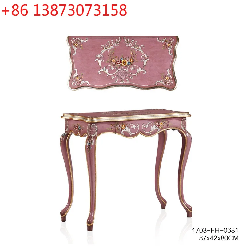 

Французский письменный стол из цельного дерева с цветочной ручной росписью, розовый, красный, розовый, учебный стол