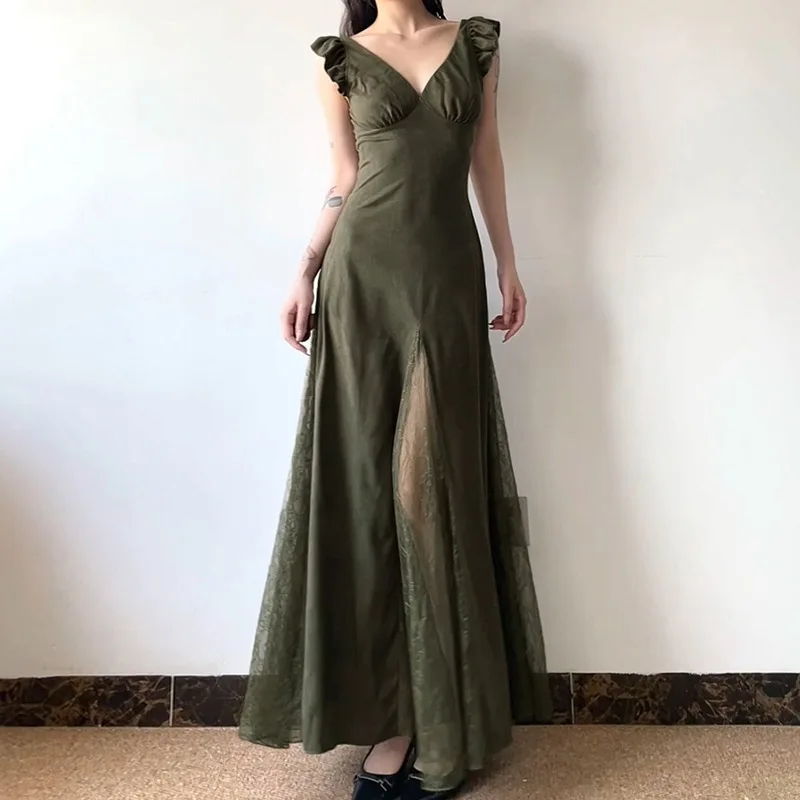 

Vintage Olive Green Lace Patchwork Small Flying Sleeve Dress for Women 2024 Summer Pleated V-neck A-line Casual Long Dress