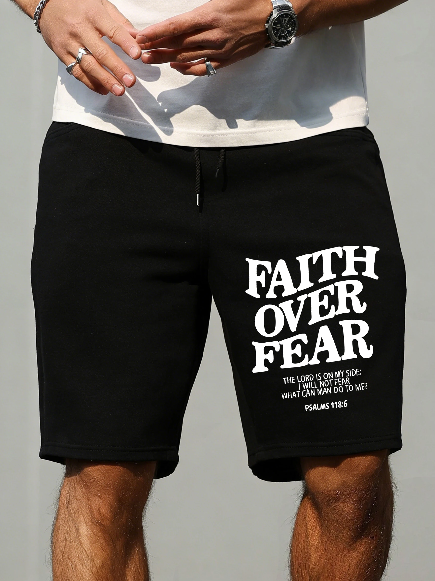 

Faith Over Fear Slogan Print Men'S Gym Shorts Wide Leg Summer Pant Pocket Elasticity Clothes Drawstring Loose Streetwear