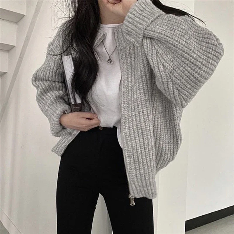 Herbst Winter Reißverschluss Strickjacken Damen Pullover Mantel Warm Langarm Einfarbig Strickwaren Oberteile Locker O-Ausschnitt Kleidung