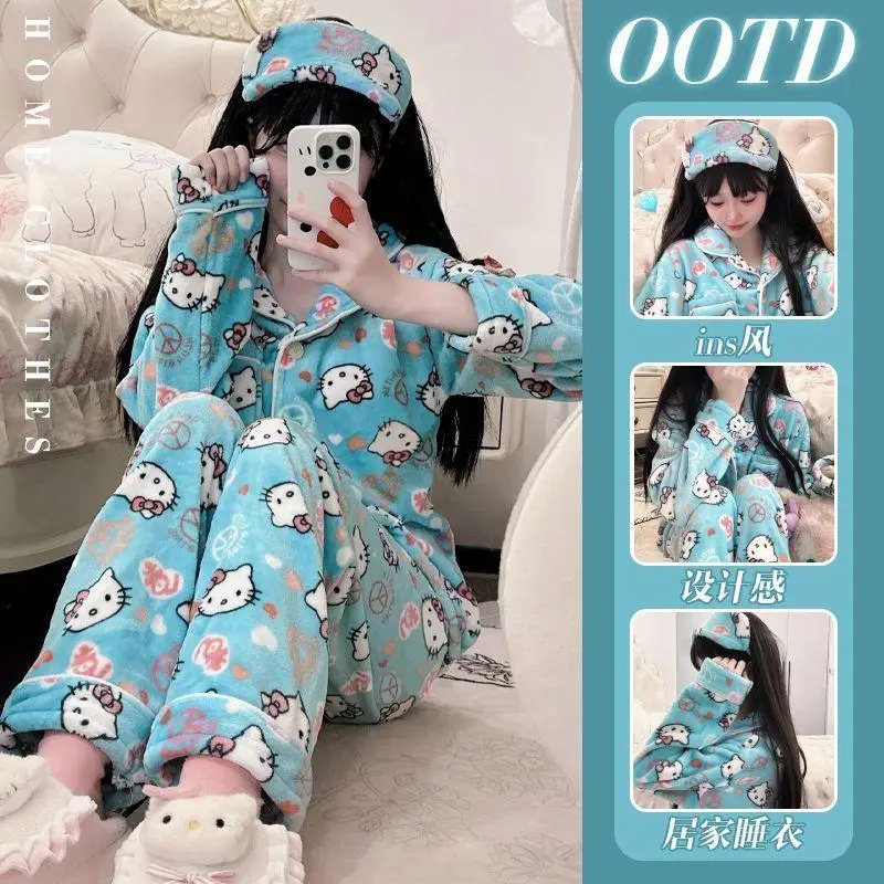 Hot Kawaii Cute Hellokitty Coral Velvet Pajamas Pajamas Girls Pants Sweet Sanrio Kuromi Long-Sleeved Tops Casual Home Wear Set