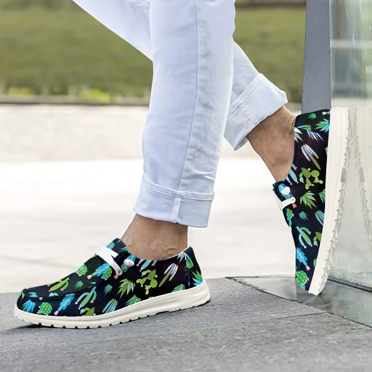 

INSTANTARTS Tropical Cactus Print Green Women Fashion Design Flat Loafers Men Slip On Summer Breathable Boat Footwear Work Shoes