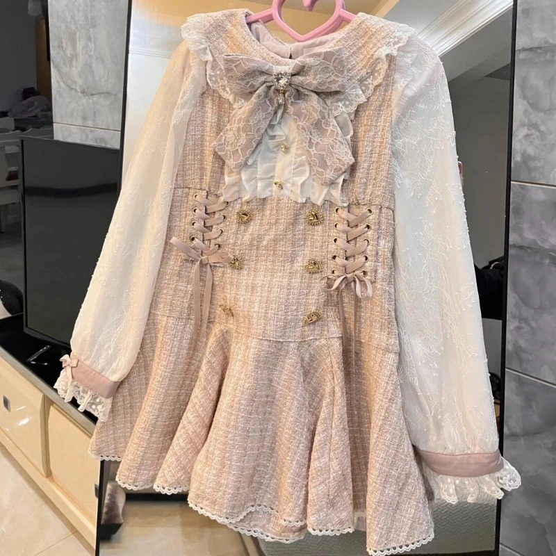 

Japanese Sweet Lolita 2 Piece Set Women Kawaii Long Sleeve Bow Patchwork Plaid Shirt Dresses + Casual Shorts Elegant Y2k Outfits