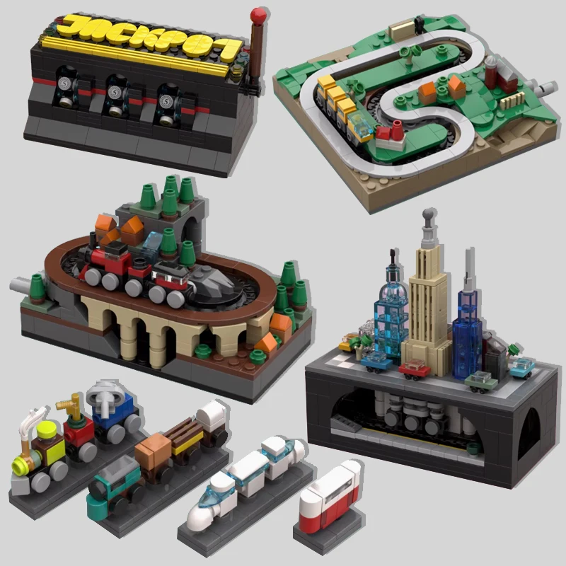 MOC City Street View Train Building Blocks House Store Scene Furniture Sofa Television Game Food Table Printed Bricks Toys Gifts
