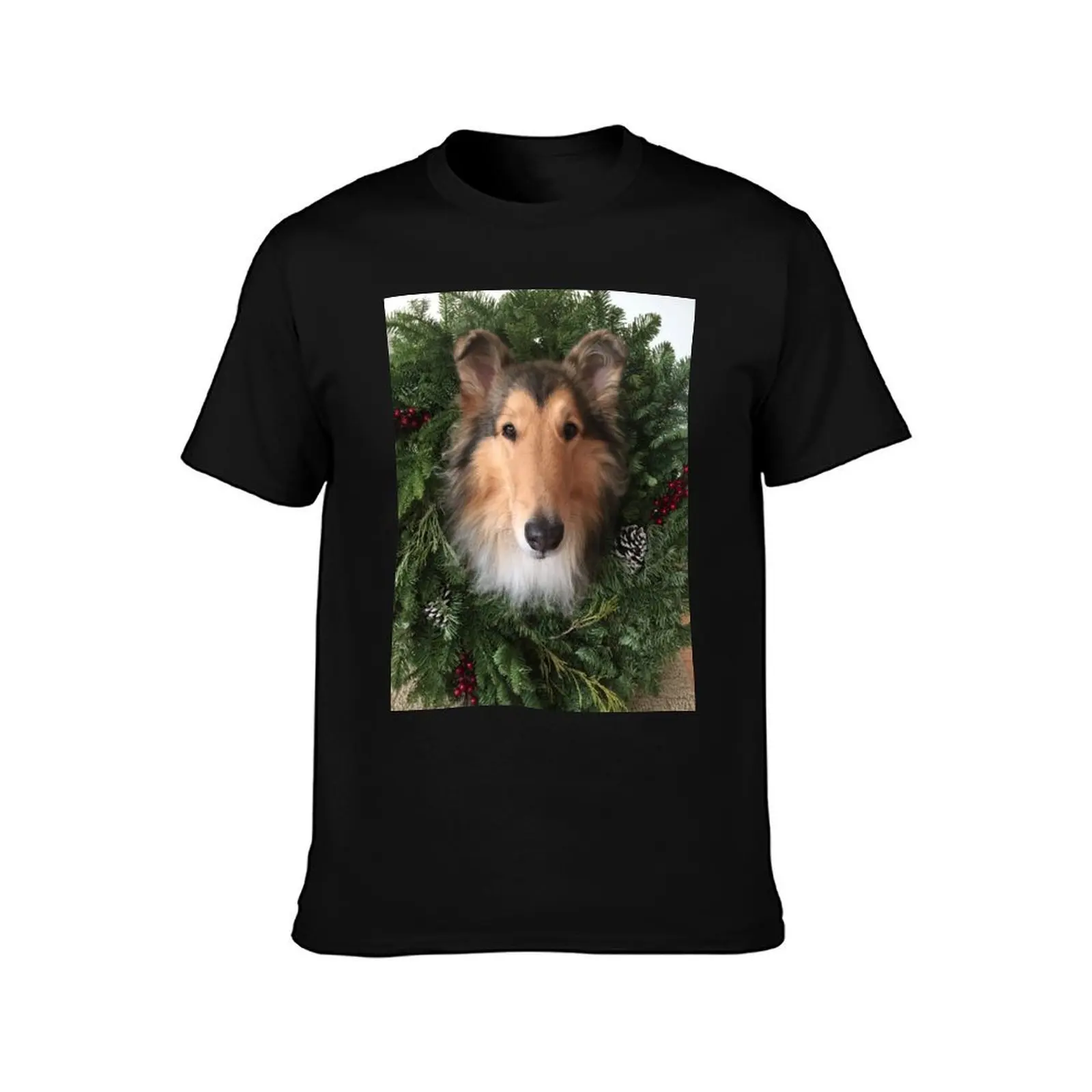 Rough Collie Christmas Wreath T-Shirt, Summer Casual Cotton Tee, Oversized Streetwear Tops, Vintage Graphic Print, 100% Cotton