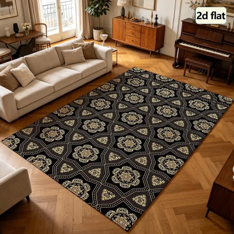 1PC Ornate Black Floral Pattern Area Rug Beige Gold Tone Area Rugs Modern Living Room Decor Indoor Rug Washable Boho Rug Boho Chic Decor Entryway Bathroom Patio Laundry