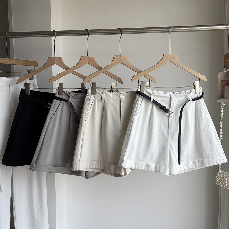 White Elastic Waist Wide Leg Short Pants Women's Summer New Loose Feel Vacation Cuffed Casual Five-Quarter Length Trousers