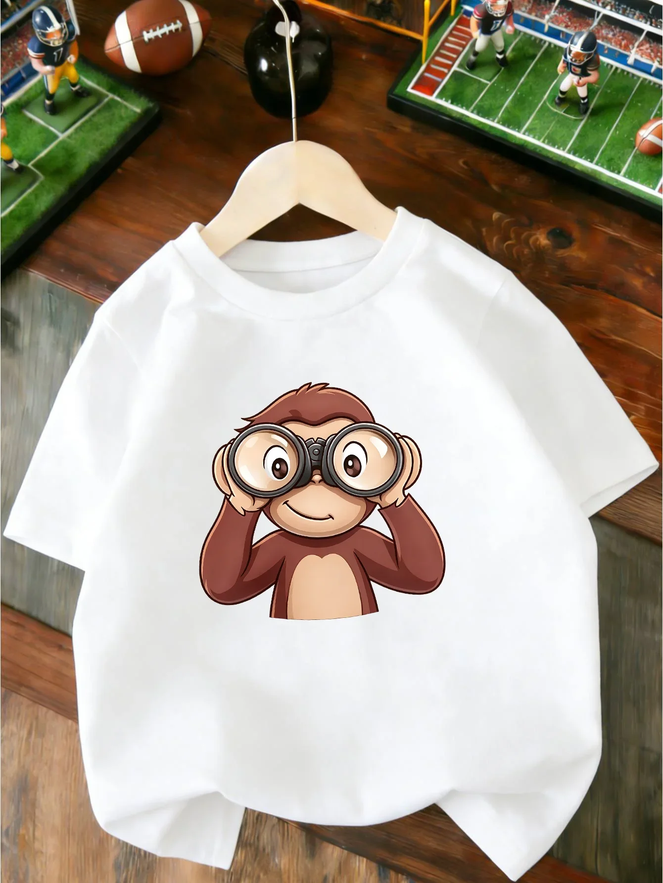 Cute Cartoon Monkey Looking Through Binoculars Print T Shirt Boys Girls Lovely Short Sleeve Tee Family Matching Kids Cotton Tops