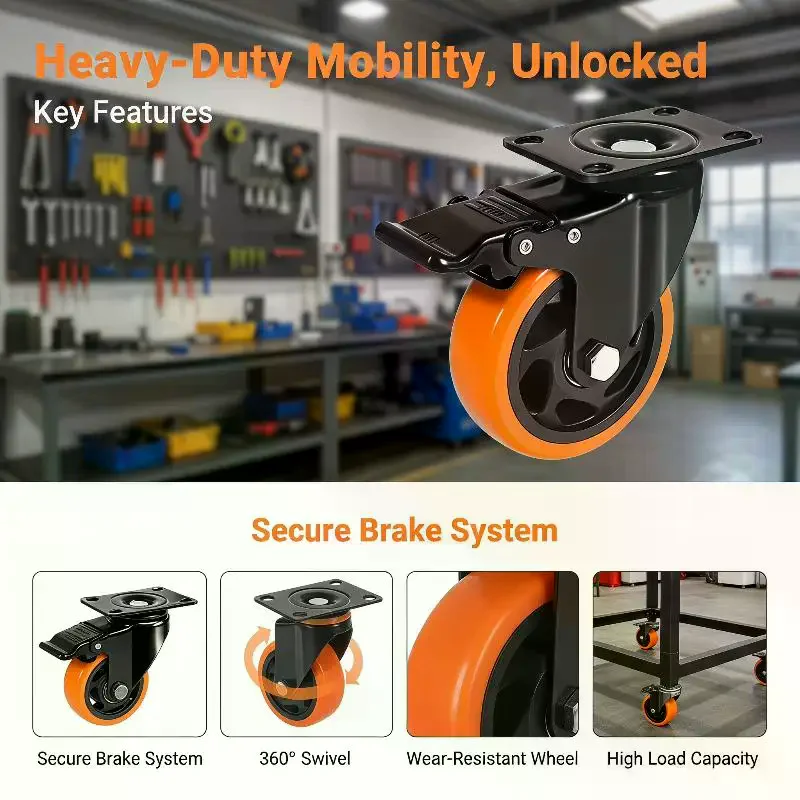 1Pcs Swivel Plate Casters With Security A/B Lock 3/4in PVC Furniture Caster Wheels Non-Marking For Cart Workbench