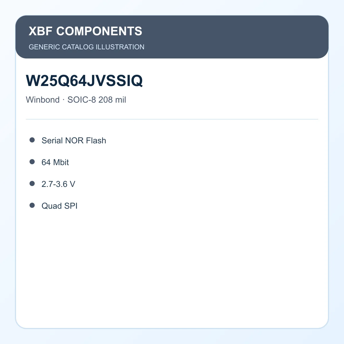 Winbond W25Q64JVSSIQ Electronic IC Serial NOR Flash, 64 Mbit, 2.7-3.6 V, Quad SPI SOIC-8 208 mil