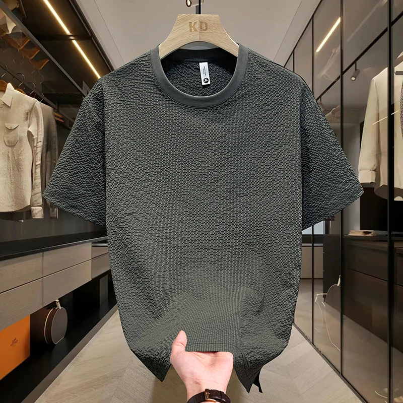 Summer Textured Seersucker Tee For Men Slim Fit Round Neck Short Sleeve Shirt Lightweight Breathable Top Mens Summer T Shirt image 4