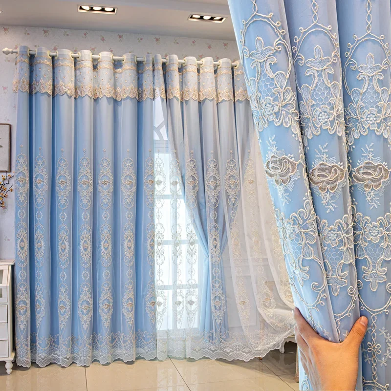 Simple European Style Light Luxury Embroidered Double Lay Erelegant Blackout Window Curtains for Living Dining Room Bedroom