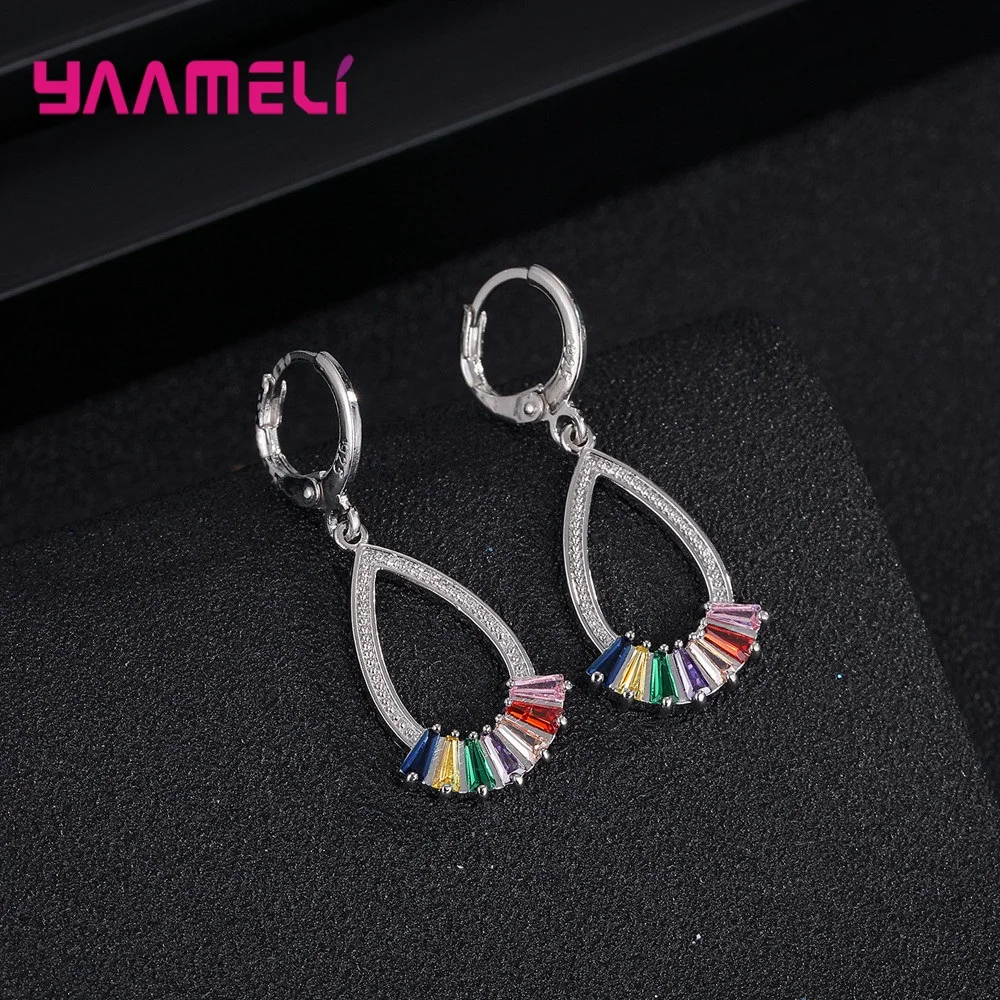 Elegant 925 Sterling Silver Women Jewelry Sets Multicolored AAA Zircon Classic Water Drop Pendant Necklace Hoop Earrings Gift