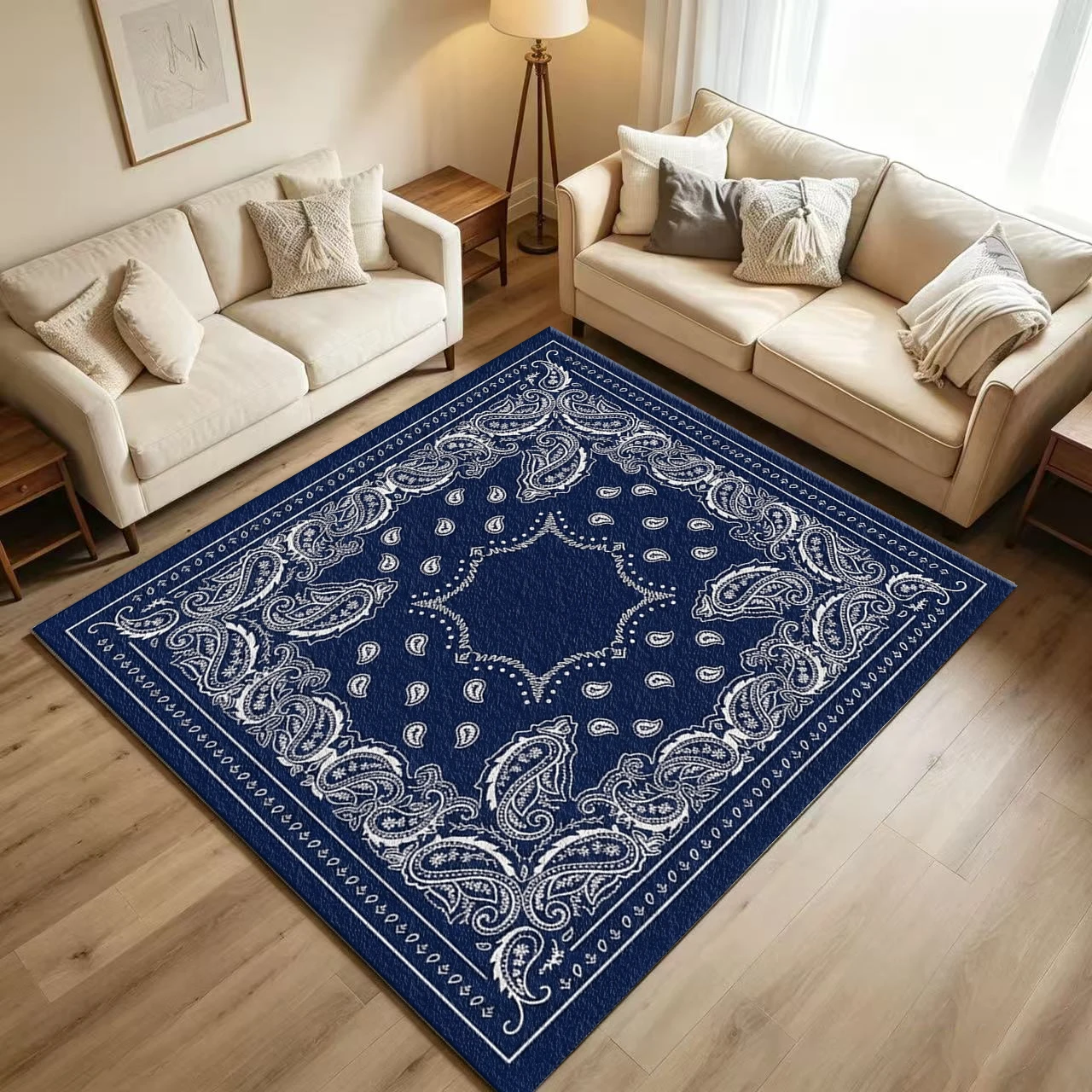 Navy Blue and White Paisley Patterned Rug, Non-Slip, Washable, Vintage Western Style Floor Rug