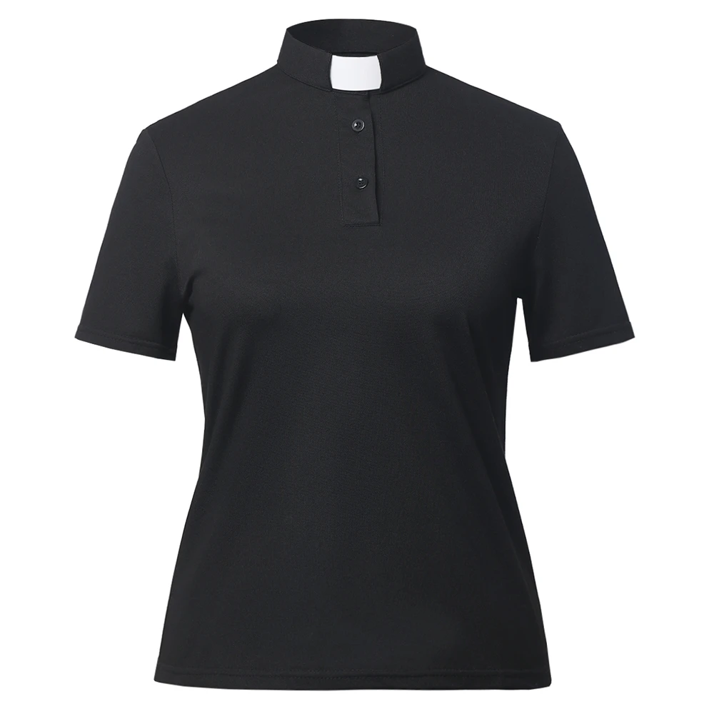 Camisa de clero para mulheres, gola de aba de pastor, camisa polo de manga curta, uniforme de clero