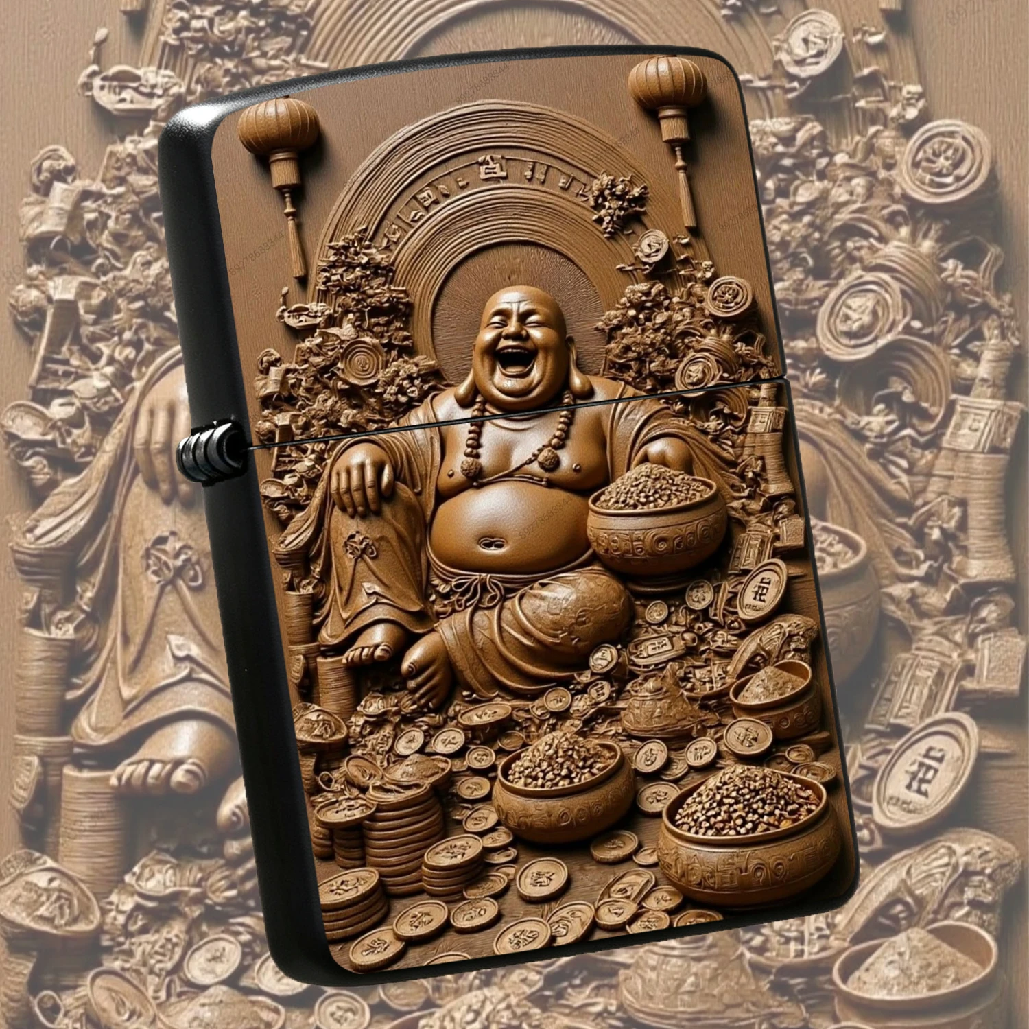 Exquisite Embossed Laughing Buddha Pattern Lighter, Auspicious Wealth Attracting Design, Portable All-Scenario Usable Daily Accessory, Delicate Decorative Ornament, Thoughtful Festival Gifting Present With Fine Craftsmanship A Humorous And