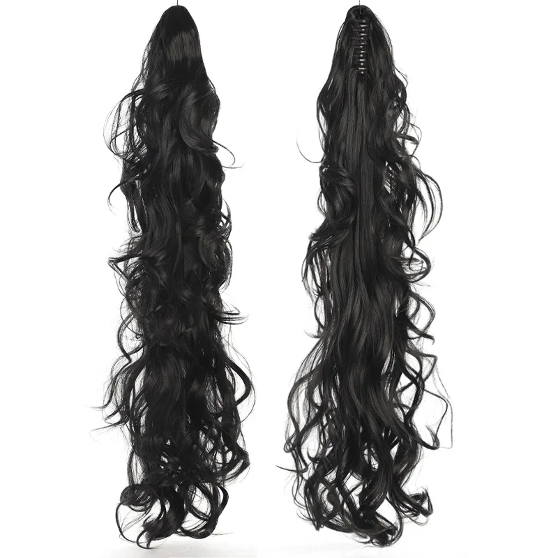 Coleta larga y rizada para mujer, extensión de cabello sintético, negro Natural, cola de caballo falsa