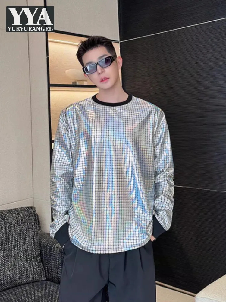 Fashion Shiny Silver Long Sleeve Mens T-Shirt O-Neck Loose Fit Pullover Tees Top Streetwear New Casual Nightclub T-Shirts Male