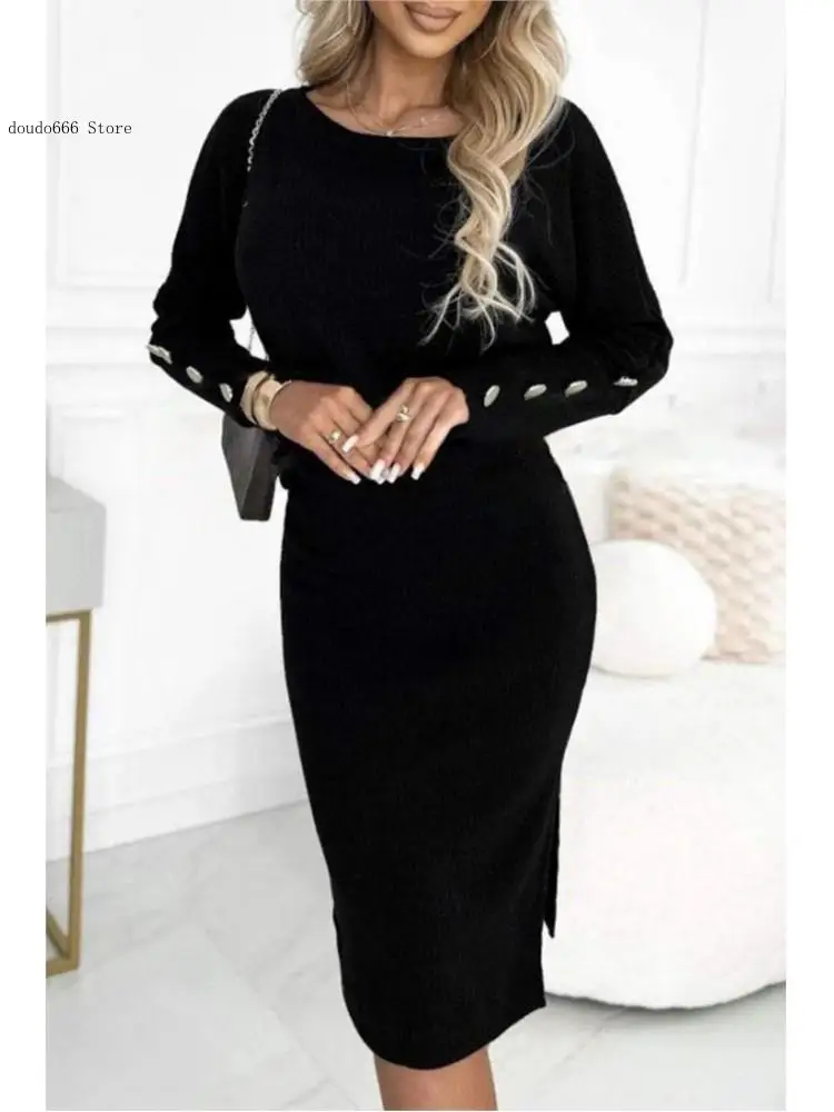 European and American Women's Autumn and Winter Elegant Round Neck Button Decoration One-Step Skirt Set