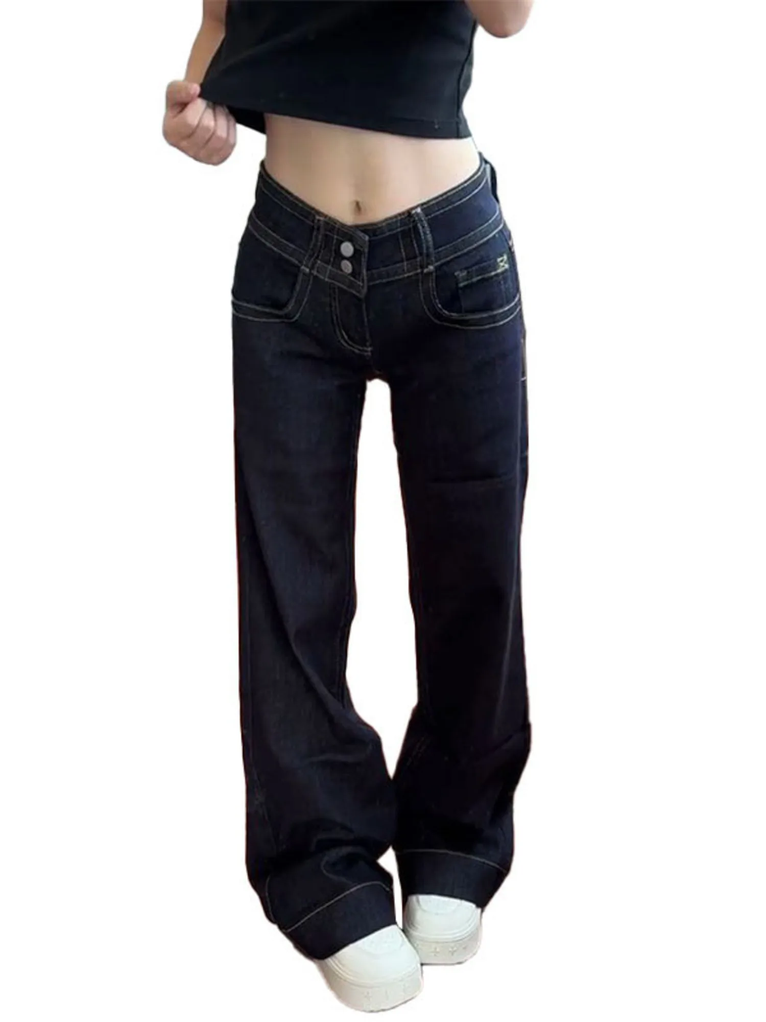Women's Dark Indigo High Waist Wide Leg Jeans White Contrast Stitching Denim Pants Cuffed Hem