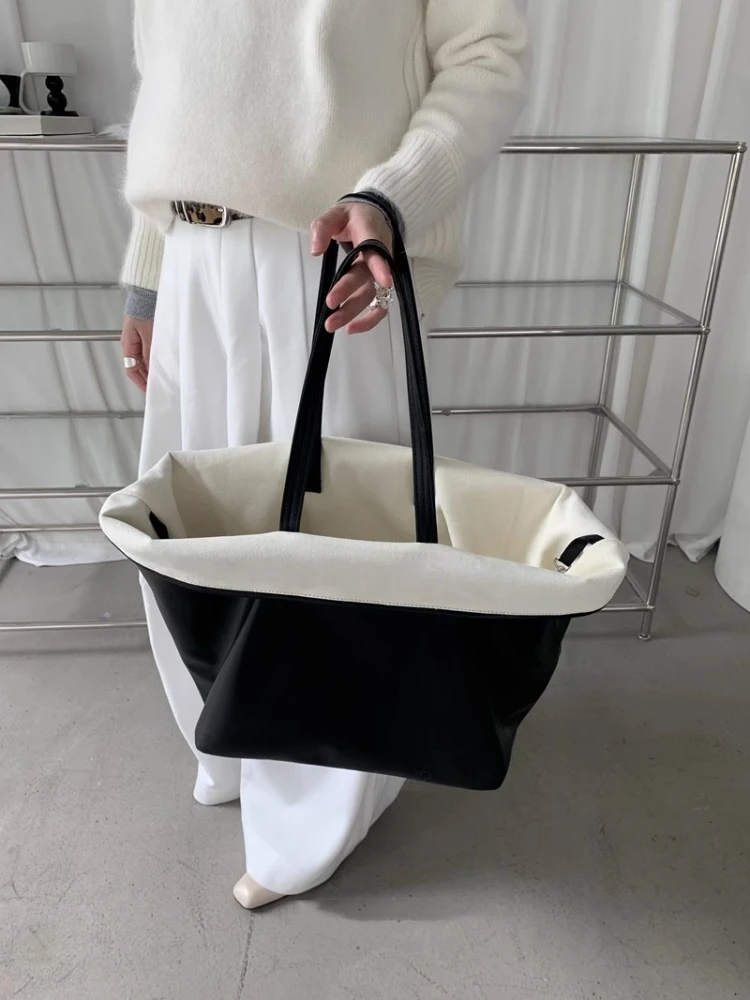 Minimalist Leisure Canvas Splicing Large Capacity Tote Bag Commuter Versatile Folds Shoulder Bag Black Pu Leather Shopping Bag