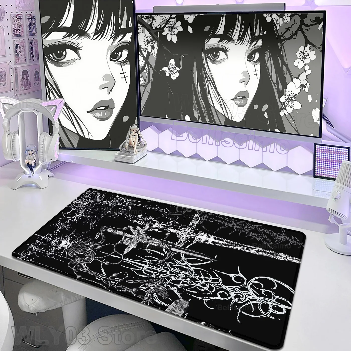 Gothic Sword Art Mousepad HD Gamer Mechanical Keyboard Mat Black White Large Tablepad Rubber Non-Slip Deskpad Office Accessories