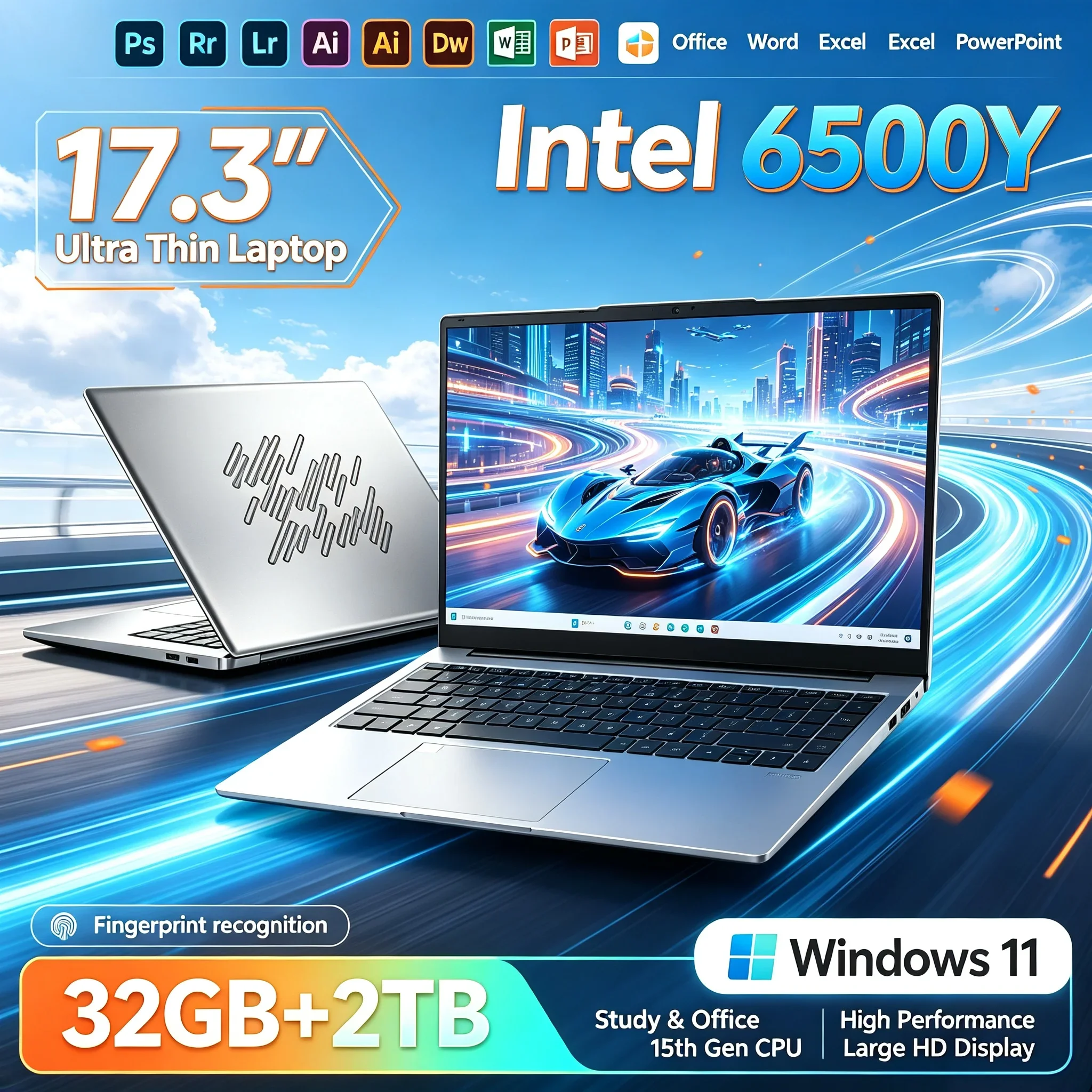 17.3'' Inch Portable HD Big Screen Notebook Intel 6500Y 32GB RAM 2TB SSD Win11 WiFi 6 BT5.2 Laptop PC For Office Work Learning
