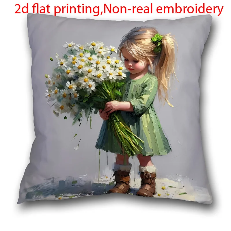 1pc 2D Flat (Pillow Not Included) Little Girl Daisies Bouquet Oil Painting Cushion Cover Short Plush Soft Nursery Decor Pillow