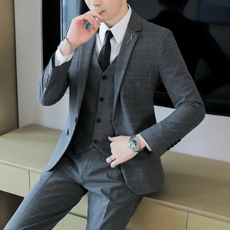 2024 new high-quality plaid suit (suit + vest + trousers) Business fashion handsome wedding casual three-piece set