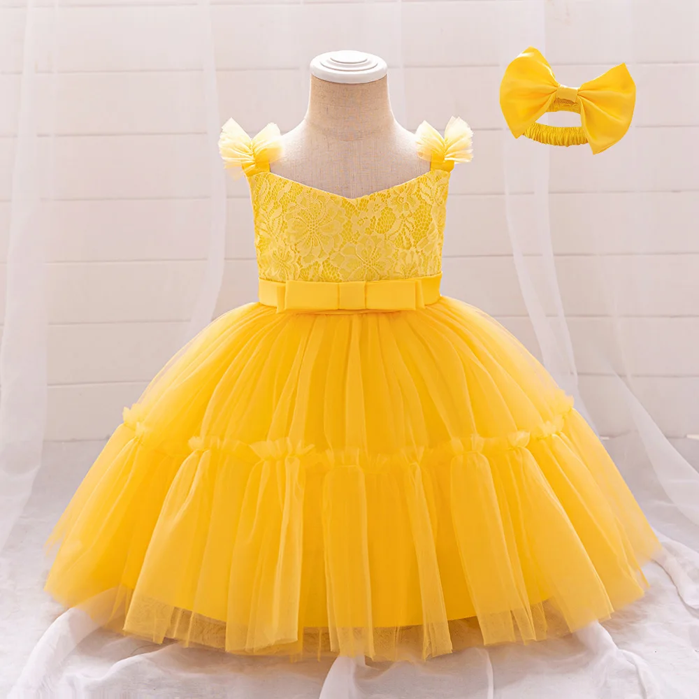 Toddler 1st Birthday Baby Girl Party Dress Elegant Flower Lace Wedding Princess Prom Dresses For Girl Bow Pink Bridemaid Costume