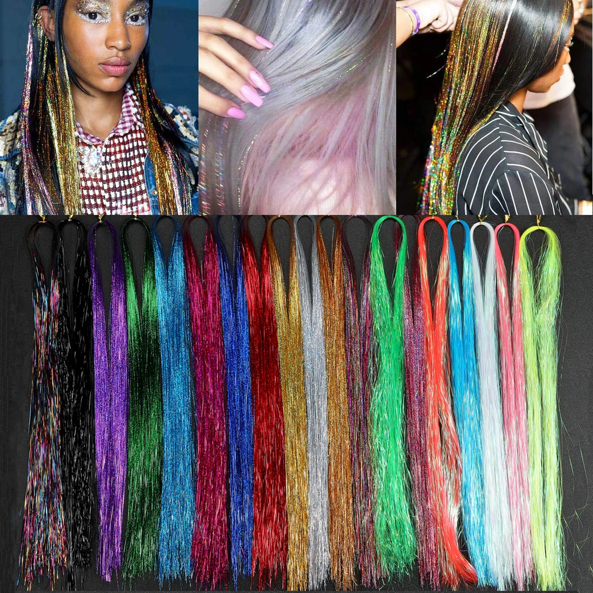 1Pc Shiny Sparkle Hair Tinsel 90cm Thin Colorful Rainbow Silk Hair Extension Dazzles Women Hippie for Braiding Headdress