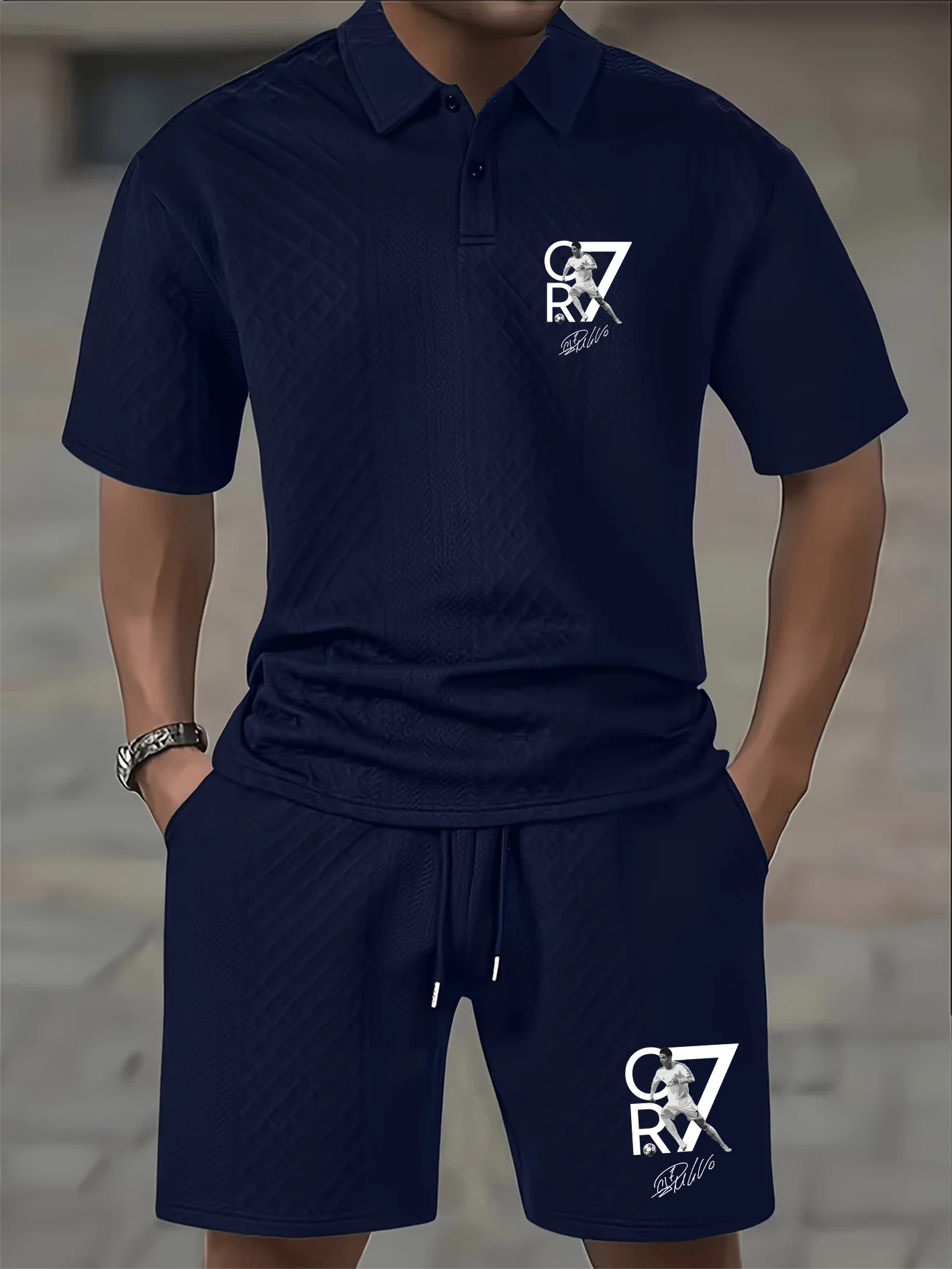 

Men's Waffle Knit CR7 Print Polo Set, Breathable Textured Fabric, Slim-fit Lapel, Two-button Placket, Versatile for Casual Spo