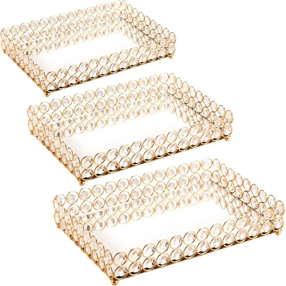 

3 Pcs Crystal Cosmetic Makeup Tray, Mirrored Vanity lry Decorative Tray Organizer or Storage Perume Trinket Drer Countertop