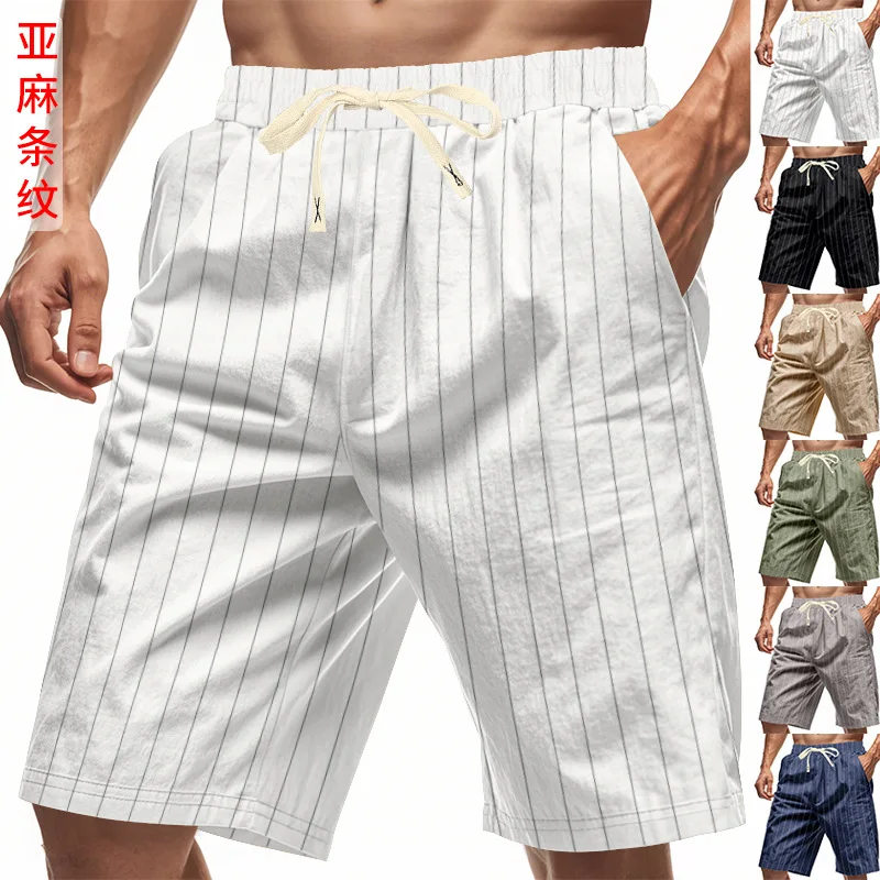 

Трансграничные американские льняные шорты, мужские свободные пляжные дышащие полосатые шорты с пятью точками, мужские летние